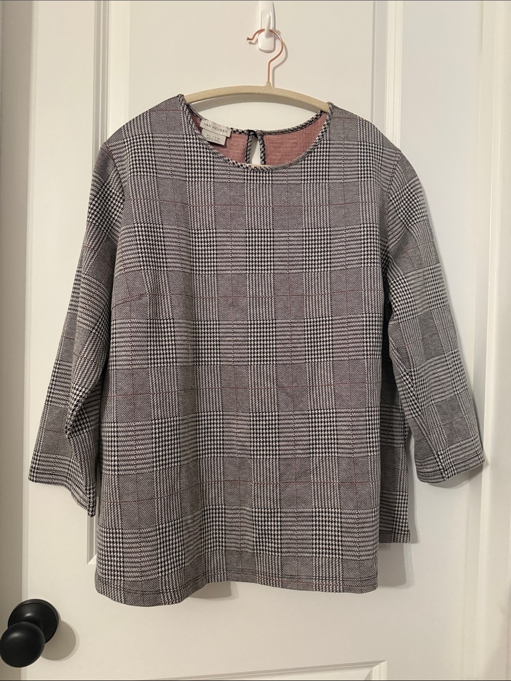 Van Heusen Gray Plaid Blouse with Red Accents